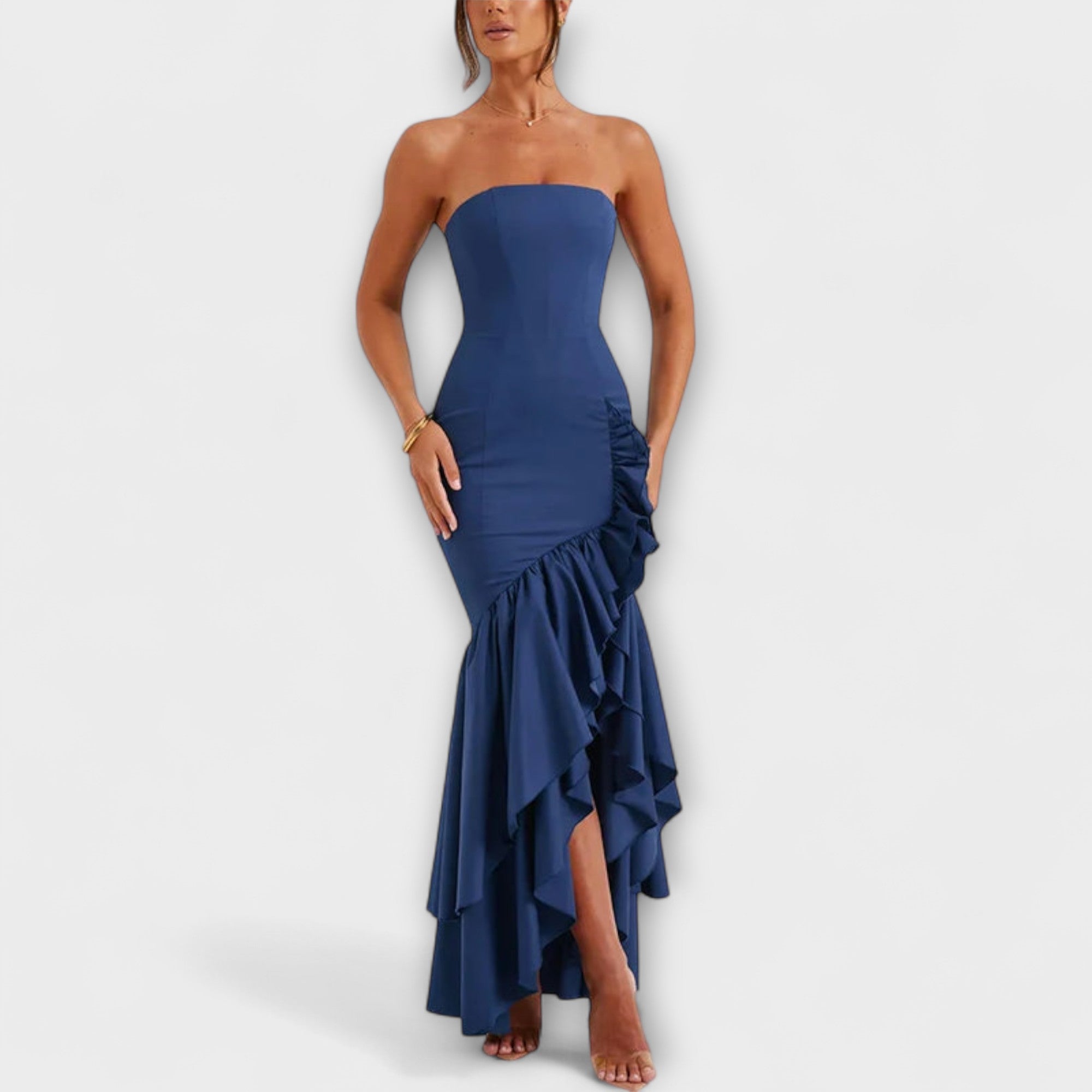 Zuri - Rosa Off-Shoulder-Maxikleid mit Rüschen