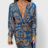 Oriana - Blaues Kleid mit goldenem Muster