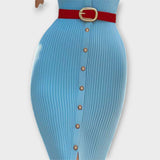 Sina - Babyblaues Rippstrick-Bleistiftkleid