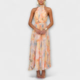 Robe maxi licou colorée imprimé aquarelle et dos nu