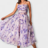 Elegantes Chiffon-Midikleid mit lila Blütenmuster