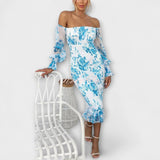 Dahlia - Robe midi rose épaules dénudées à motif floral