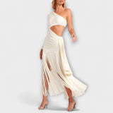 Alice - Robe maxi crème à découpes et franges