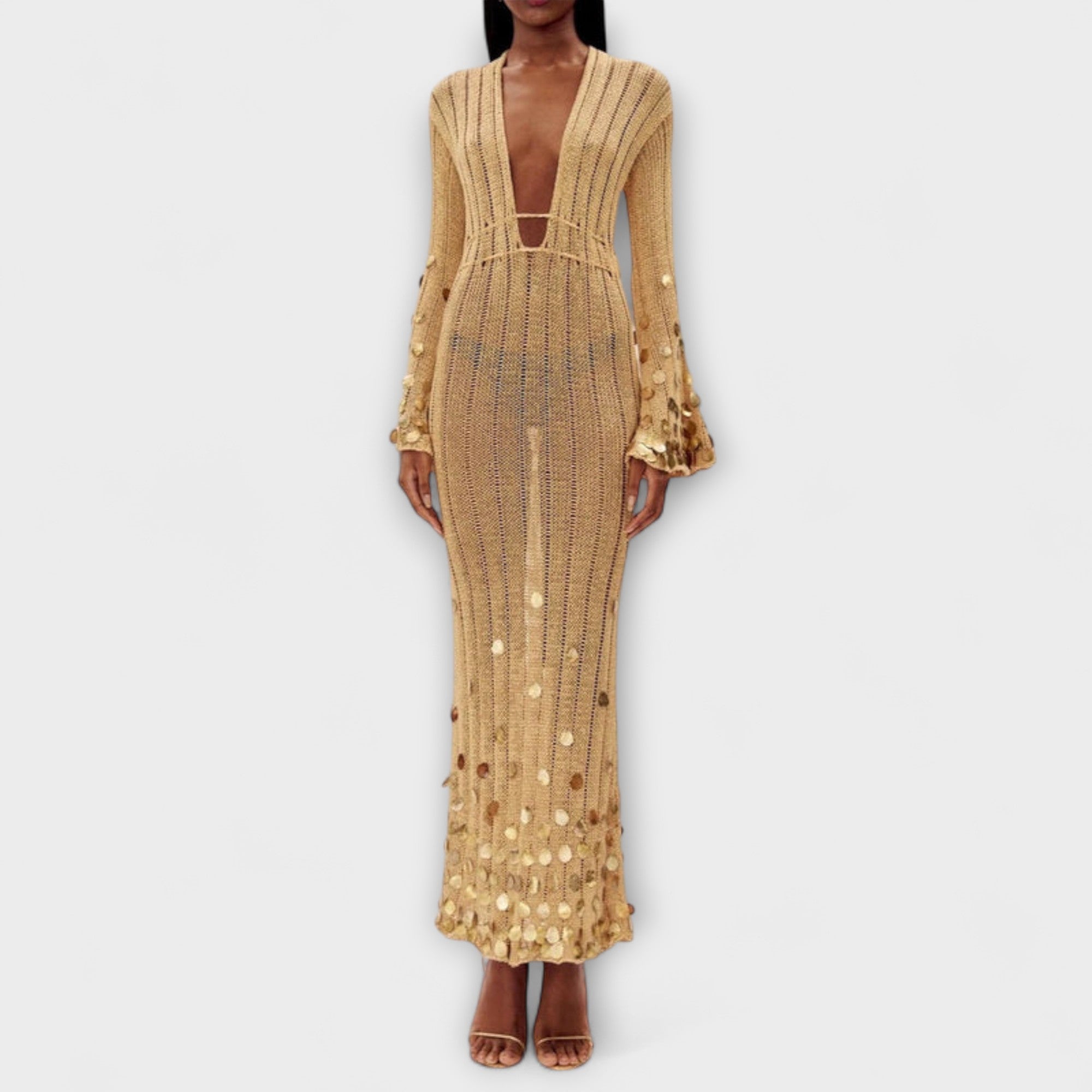 Kathleen - Goldenes Strick-Maxikleid