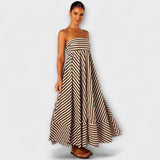 Robe maxi à volants rayée beige et noire