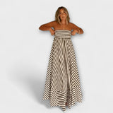 Robe maxi à volants rayée beige et noire