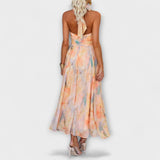 Robe maxi licou colorée imprimé aquarelle et dos nu
