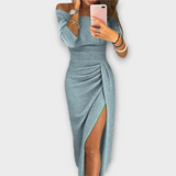 Lena - Graublaues Off-Shoulder-Kleid mit Schlitz