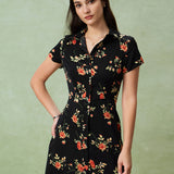 Glória - Schwarzes Midikleid mit Blütenmuster