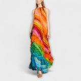 Iris - Regenbogenfarbenes Rüschen-Maxikleid