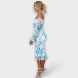 Dahlia - Robe midi rose épaules dénudées à motif floral