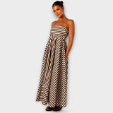 Robe maxi à volants rayée beige et noire