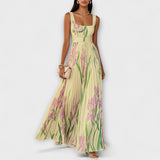 Gefaltetes florales Chiffon-Maxikleid in Creme