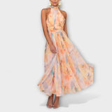 Robe maxi licou colorée imprimé aquarelle et dos nu