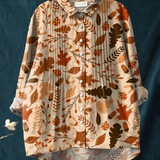 Chemise à volants en coton et lin pour femme, imprimé artistique vintage feuilles d'automne