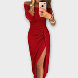 Lena - Graublaues Off-Shoulder-Kleid mit Schlitz