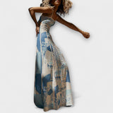 Terazza - Blau-weisses Leinen-Maxikleid mit Print