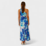 Sienna - Blaues Maxikleid mit Cut-Out und Aquarellmuster