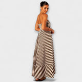 Robe maxi à volants rayée beige et noire