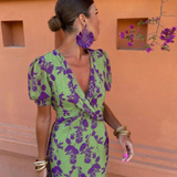 Zoé - Grünes Maxikleid mit lila Blütenmuster