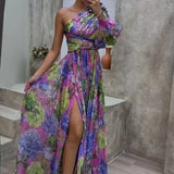 Whitney - Lila One-Shoulder-Maxikleid mit Blüten