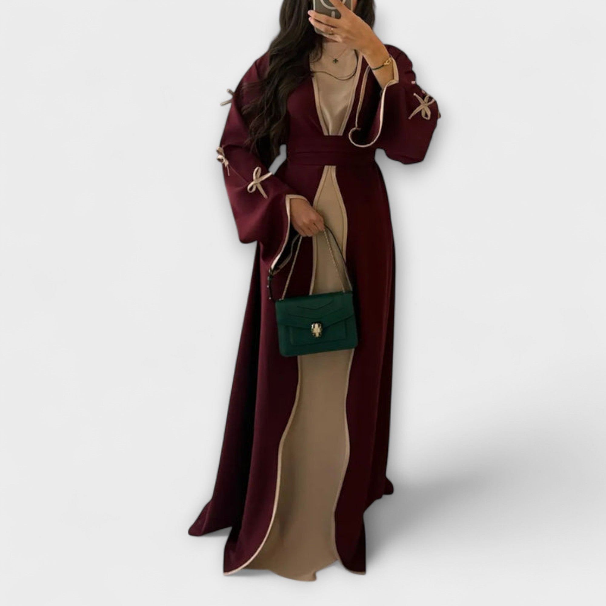 Jasmin - Beiges Cardigan-Kleid-Duo mit Schleife
