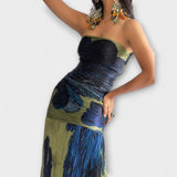 Noelle - Blau-grünes Strapless-Midikleid