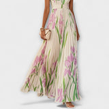 Gefaltetes florales Chiffon-Maxikleid in Creme