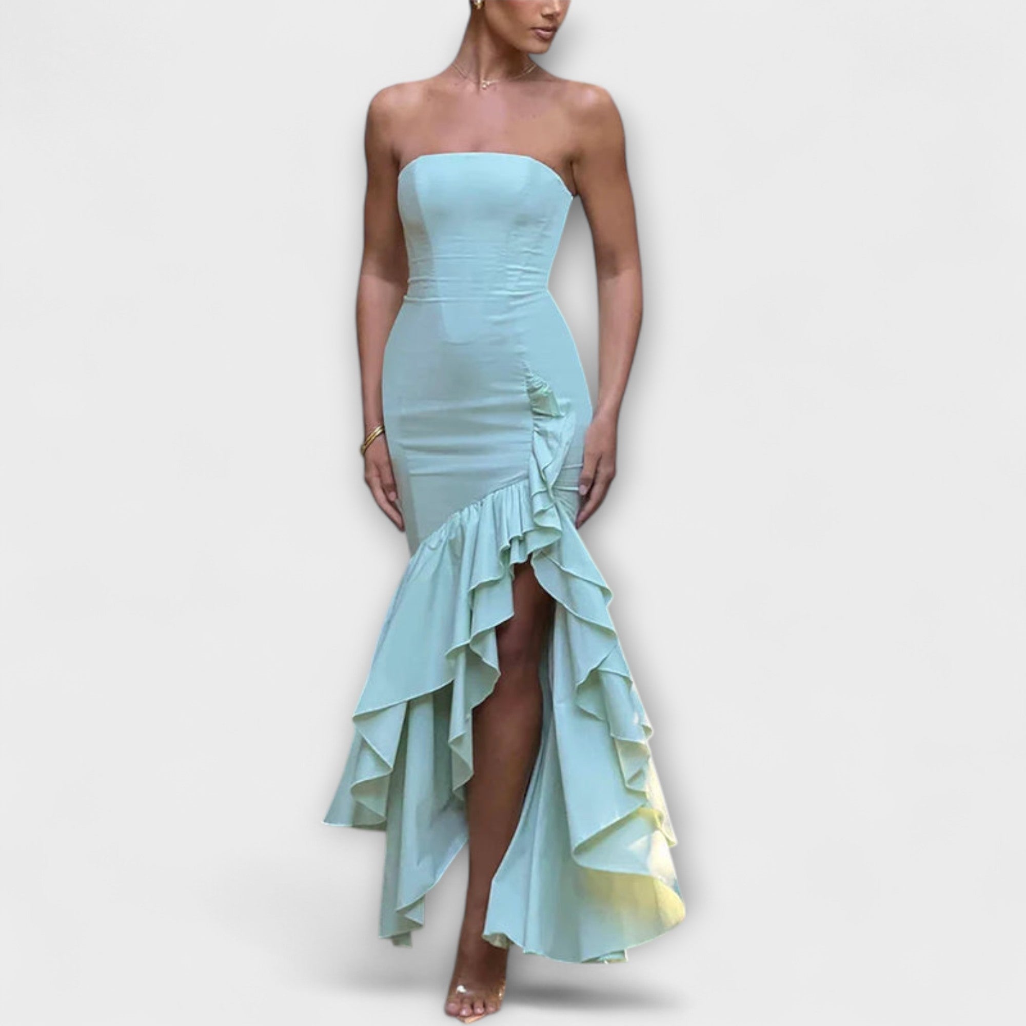 Zuri - Rosa Off-Shoulder-Maxikleid mit Rüschen