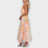 Robe maxi licou colorée imprimé aquarelle et dos nu