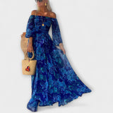 Juniper - Blaues Off-Shoulder-Maxikleid mit Blütenmuster
