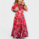 Catrisa - Robe maxi rouge à motif floral et décolleté en V