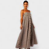 Robe maxi à volants rayée beige et noire