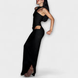 Minna - Cremefarbenes ärmelloses Cut-Out-Maxikleid