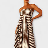 Robe maxi à volants rayée beige et noire
