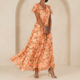 Léonie | Robe Maxi Fluide à Col Portefeuille et Manches Voilées