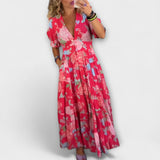 Catrisa - Robe maxi rouge à motif floral et décolleté en V