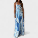 Terazza - Blau-weisses Leinen-Maxikleid mit Print
