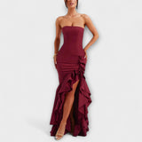Zuri - Rosa Off-Shoulder-Maxikleid mit Rüschen