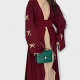 Jasmin - Beiges Cardigan-Kleid-Duo mit Schleife