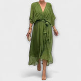 Amoura - Robe en mousseline vert olive à col en V