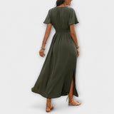 Heather - Olivgrünes Boho-Kleid mit Schlitz