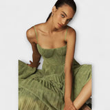 Marilyn - Olivgrünes Midikleid mit Bustier und Plissee