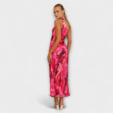 Sienna - Blaues Maxikleid mit Cut-Out und Aquarellmuster