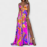Audrey - Robe maxi violette imprimée fleurs et fendue