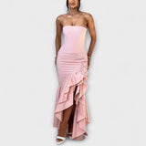 Zuri - Rosa Off-Shoulder-Maxikleid mit Rüschen