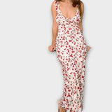 Gelbes Maxikleid mit floralem Druck und V-Ausschnitt