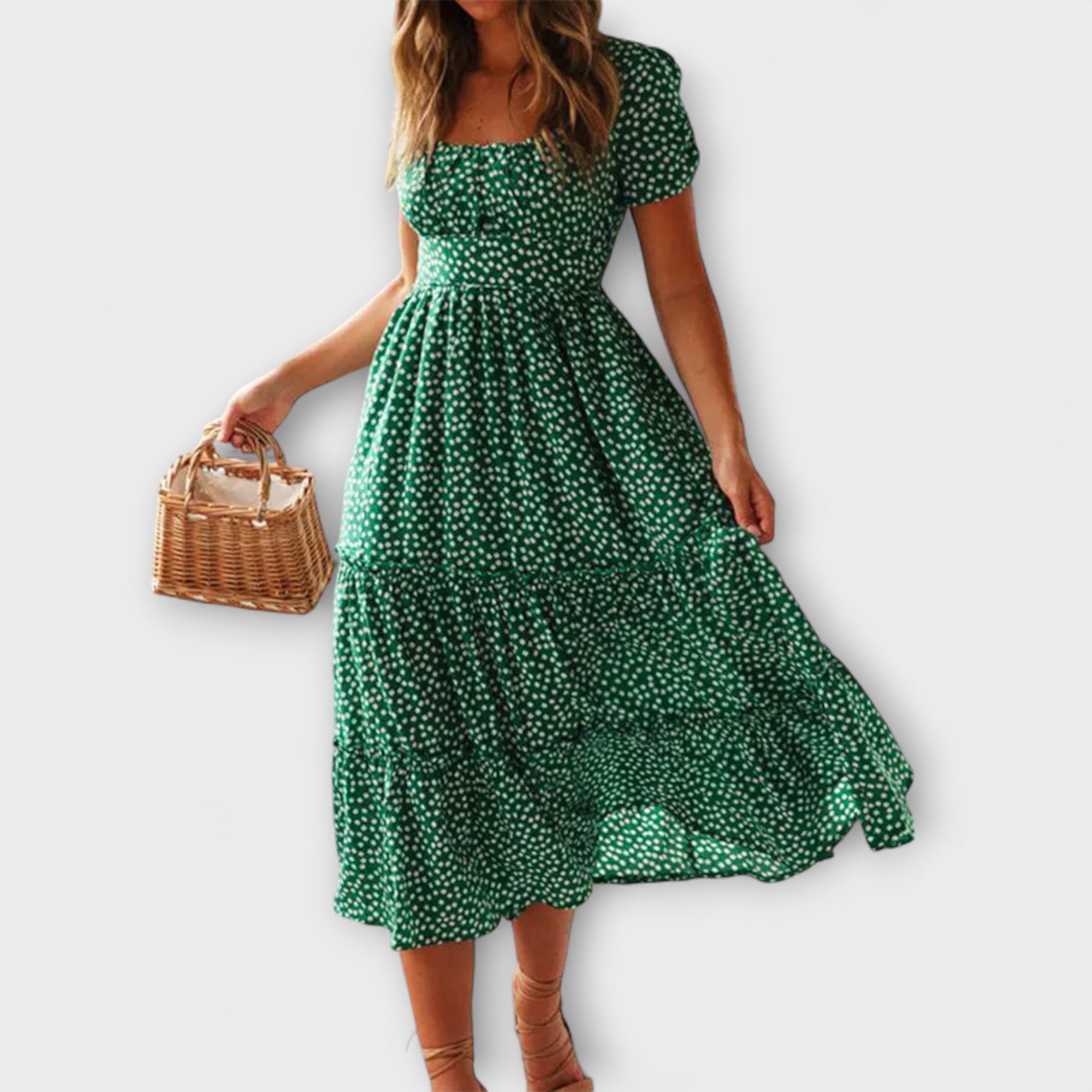 Vintage Maxikleid mit rotem Blütenmuster und Puffärmeln