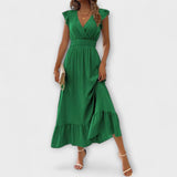 Poet - Grünes Maxikleid mit Rüschen und V-Ausschnitt