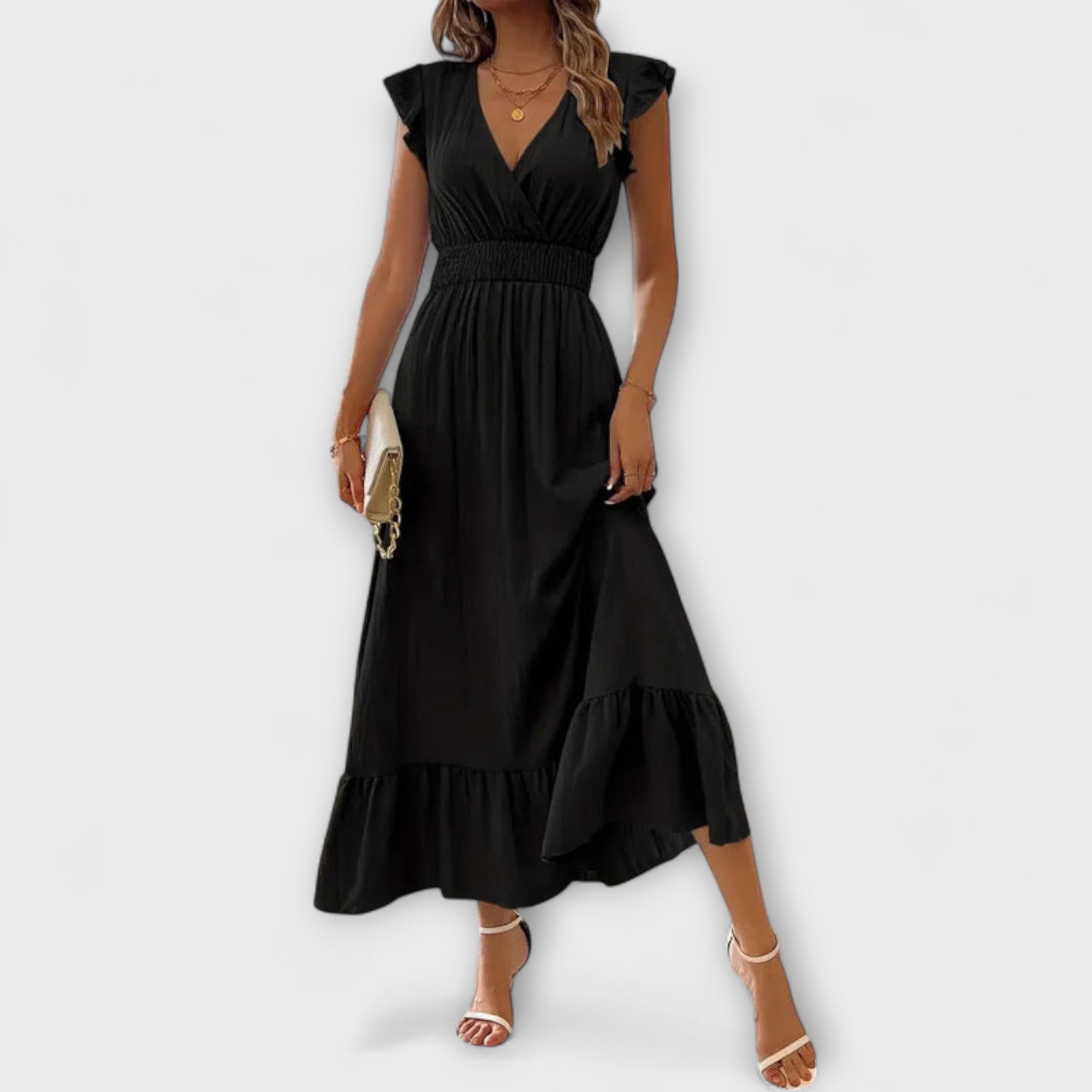 Poet - Grünes Maxikleid mit Rüschen und V-Ausschnitt